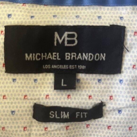 MB Michael Brandon Hawaiian Shirt Mens Large White Blue Casual Slim Fit - Picture 6 of 8